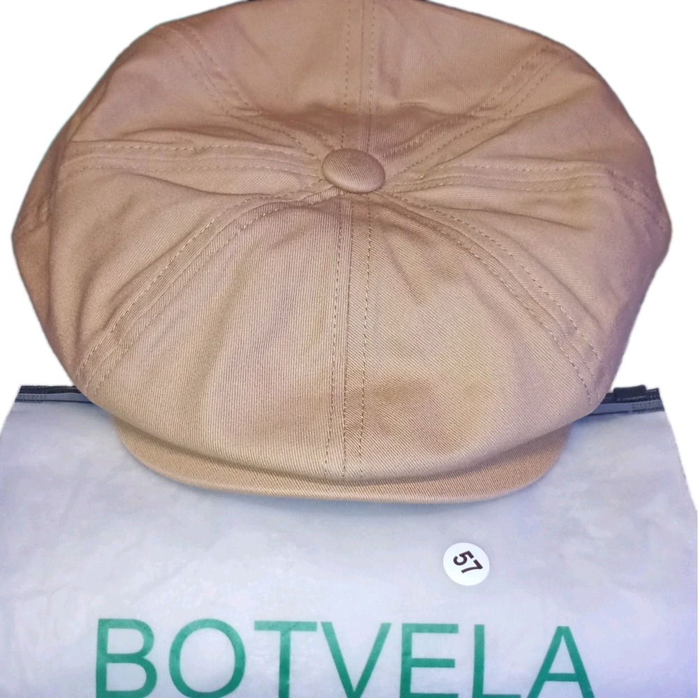 BOTVELA Classic Newsboy Cap 57cm Cotton Beige Solid Button Accent Hat Womens NEW